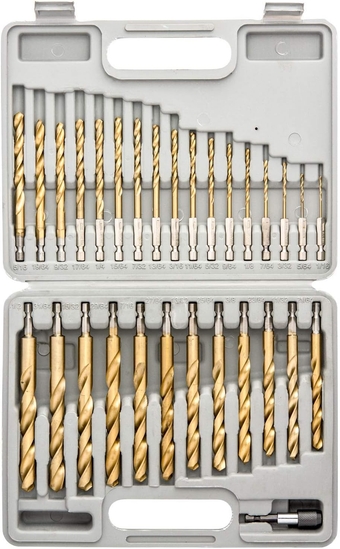 TOOLUXE 10055L Hex Shank Drill Bit Set, 30 Pc, Titanium Coated Metal Drill Bits, Quick Change Design, Small Drill Bits from 1/16" - 1/2" Large Drill Bits, High Speed Steel Impact Driver Drillbits