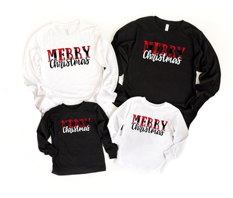 Buffalo Plaid Merry Christmas Long Sleeve Matching Family Christmas Shirts, Merry Christmas T-Shirts for Kids, for Men, for Women, Christmas Family PJ Tops