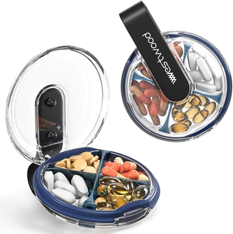 AV00Z 4 Compartment Travel Pill Organizer, Cute Small Pill Box, Pocket Pharmacy for Purse or Pocket, Portable Daily Pill Case Moisture Proof for Vitamin, Cod Liver Oil, Supplements, Medication, Black