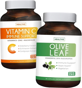 Save $4 (12% off) - Herbal Immune Bundle - Olive Leaf Extract (Non-GMO) Super Strength: 20% Oleuropein 750mg caps and Immune Support - Vitamin C with Zinc, Vitamin D, Elderberry & Echinacea (Non-GMO)
