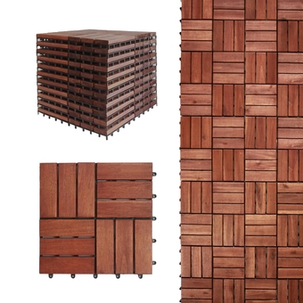 Interlocking Deck Tiles - Waterproof 12” x 12” Acacia Wood Tiles, Patio Tiles for Indoor and Outdoor, Garden, Roof Terrace Tiles, 12 Slats Checker Pattern (10, Teak, 12x12 inches)