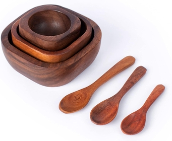 Tiny Acacia Wood Nesting Square Set 3 Serving Bowl 3¾”, 2¾”, 2⅛” Small 3 Wooden Spoon Mix size Stackable little Dish for Prep Salt Pepper Mustard Wasabi Dip sauce Salsa Nut Tableware Wooden Nest Bowl