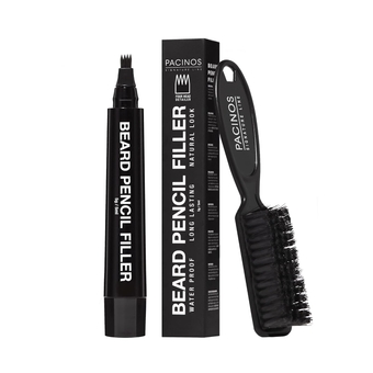 Beard Pencil Filler - Water Proof, Long Lasting Coverage & Natural Finish - Beard, Moustache & Eyebrows - Micro-Fork Tip for Seamless Application - Includes Bristle Brush for Blending (Black)