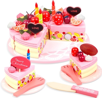 Birthday Wooden Cutting Cake Toys: Pretend Play Food Sets Kitchen for Kids Toddlers with Wood Candles Fruits Dishes Forks - Learning Educational Toys for Boys Girls