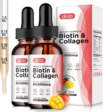 (2 Pack) Liquid Biotin with Hyaluronic Acid, Saw Palmetto, Marine Collagen & Keratin - Vitamins for Hair Growth Support - Extra Strength 60000 mcg Drops Supplement - Hair, Skin, Nail, Joints Support