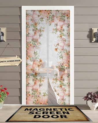 Pumpkin Flower Magnetic Screen Door for Sliding/Single/French Doors, Self Sealing Magnets Patio Door Screen Heavy Duty Mesh Curtain, Fantasy Pink Thanksgiving Autumn Leaves