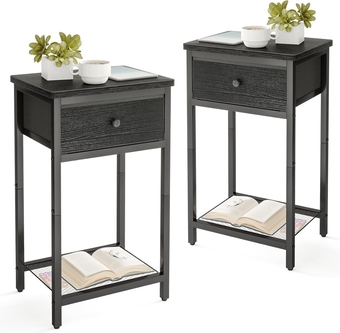 Nightstands Set of 2, End Side Table with Drawer, Bedside Table with Shelf for Living Room Bedroom, Wood Metal Accent Furniture with Fabric Drawer, Black