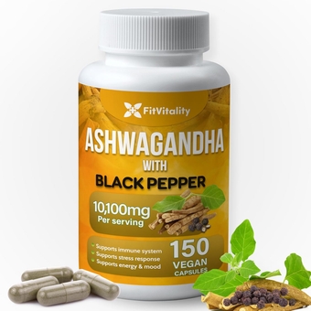 Ashwagandha Capsules 10,100 Mg - 150 Vegan Capsules, Pure Ashwagandha Root Extract Powder and Black Pepper Extract, Non-GMO, Gluten-Free, Vegetarian Capsules