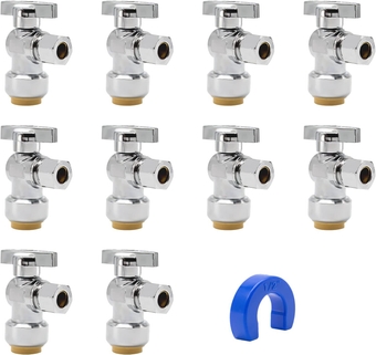 10 Pack Pushfit Angle Stop Faucet Valve, 1/2" Push-Fit x 3/8" Comp, Quarter Turn 1/2" Nom x 3/8" Compression Shut Off Water Valve, Pex, Copper,Cpvc,Brass