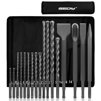 SDS-Plus Rotary Hammer Drill Bit Set - 17 Piece Heavy Duty Corded Electric Air Concrete Masonry Chipping Impact Removal Extension Rock Core Ground Floor Hole Thinset Brick Chisel Tool Storage Pouch