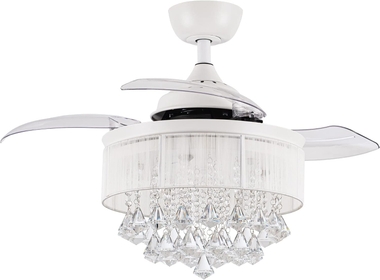 Ceiling Fans with Lights and Remote Bedroom Retractable Ceiling Fan with Light Crystal Chandelier Ceiling Fan, 36 Inch, White