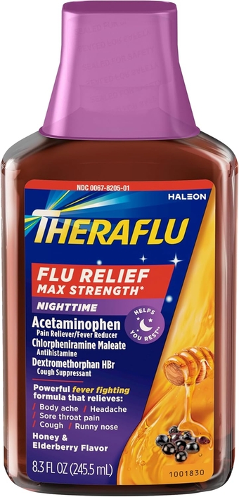 Max Strength Nighttime Flu Medicine for Flu Symptom Relief with Acetaminophen, Dextromethorphan HBr and Chlorpheniramine Maleate, Honey and Elderberry Flavored - 8.3 fl oz Syrup