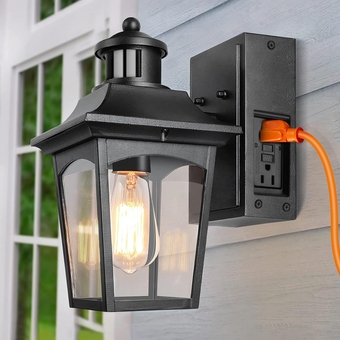 Outdoor Lights with Outlet, 3 Lighting Modes Motion Sensor Porch Light, Dusk to Dawn Light Fixture for House, Waterproof Aluminum Anti-Rust Exterior Wall Light for Garage(Not Included Bulb)