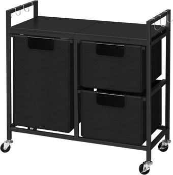 Laundry Hamper 3 Section Laundry Sorter 3 Bags Laundry Basket with Wheels, Rolling Laundry Organizer Cart with Shelf Laundry Hamper Cart with Hooks for Clothes Storage, Black