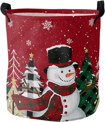 Red Snowman Laundry Basket, Collapsible Bag with Easy Carry Handles, Small Waterproof Foldable Freestanding Hamper, Folding Washing Bin Clothes Storage Round Winter Christmas Pine Tree