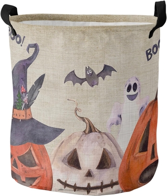 Halloween Laundry Basket, Collapsible Bag with Easy Carry Handles, Large Waterproof Foldable Freestanding Hamper, Folding Washing Bin Clothes Storage Round Spooky Ghost Pumpkin Horror Bat Beige