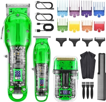 Hair Clipper, Trimmer, Beard Shaver Kit for Men Professional Barber Set for Hair and Beard Cutting Zero Gap T-Blade Beard Trimmer, Rechargeable Bald Fade Clippers with LED Display (Green)