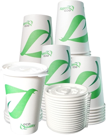 16 oz Compostable Paper Cups with White Flat Lids - Biodegradable Disposable White Paper Coffee Cups PLA Lined - Eco-friendly Hot and Cold Drinking Cups (400)