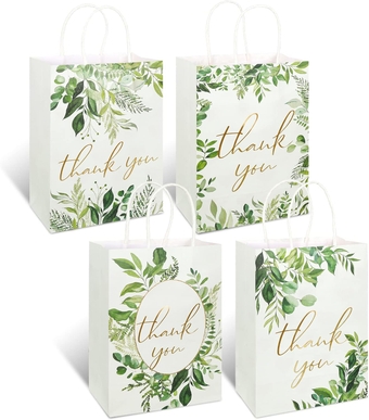 24 Pack Greenery Eucalyptus Thank You Favor Bags Green Leaves Gold Foil Thank You Gift Bags with Handles for Wedding Birthday Baby Shower Thanksgiving Party Favor, 5.9 x 8.3 x 3.1 Inch