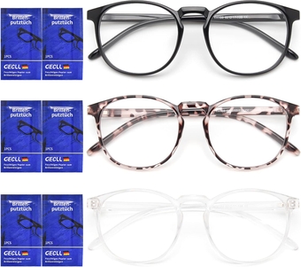 I 3 Pack Blue Light Blocking Glasses Matching Wipes Set Women/Men, Round Frame, Vintage Eyeglasses with Clear Lens
