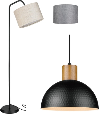 Industrial Pendant Light with Hammered Metal Shade & Tall Pole Standing Light with 2 Fabric Shades for Kitchen Island, Bar, Farmhouse Dining Room, Bedroom, Hallway