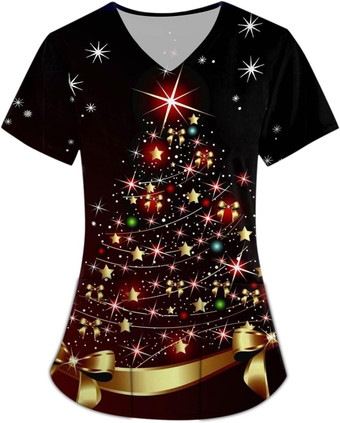 Christmas Women Scrub Tops Short Sleeve V Neck Blouses Christmas Tree Print Shirts with Pockets Scrub Shirts