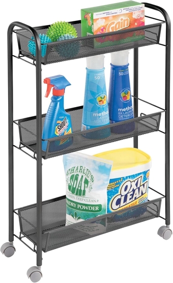 Steel Rolling Utility Cart Storage Organizer Trolley with 3 Basket Shelves for Laundry Room, Mudroom, Garage, Bathroom Organization - Holds Detergents, Hand Soap - Biro Collection, Black