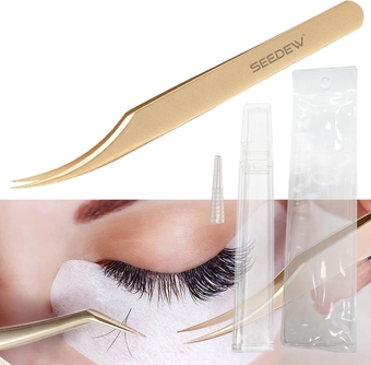 Tweezer Eyelash Extensions 1 PCS Stainless Steel Curved Pointy Dolphin Tweezer Isolation Professional Precision Supplies False Lash Application Tools for Lash Tech, Lash Artist Beginner(Golden)