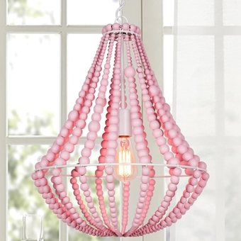 Boho Light Fixtures, Wood Beaded Chandelier, Farmhouse Pendant Light, 1-Light, Pink Ceiling Hanging Light for Bedroom, Living Room, Dining Room, Kitchen, Hallway, 16.5"