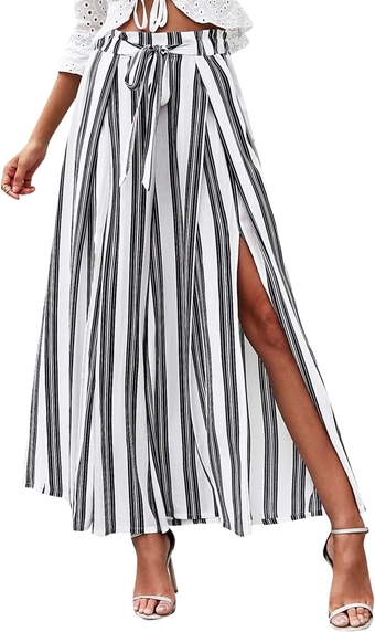 Women's Boho Linen Flowy High Waisted Pants Elegant Split Stripe Wide Leg Pants