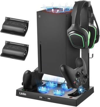 Cooling Fan Charging Station for Xbox Series X Console & Controller, Upgraded 4 Cooler Fan System Stand, Vertical Dual Charger Station Dock Accessories with 2 x 1400mAh Rechargeable Battery