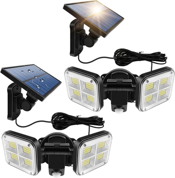Solar Outdoor Lights Motion Sensor Wired LED Security Outside Flood Wall Lights Waterproof Panels Adjustable Heads Garage Front Door Backyard 2 Pack Black