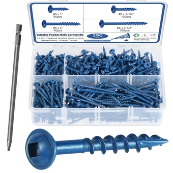 Pocket Hole Screws Assortment Kit, 390Pcs in 4 Sizes #8 x 1", 1-1/4", 2", 2-1/2", Coarse Thread Wood Screws with Square Drive, Blue Coated, Self Tapping, Drive Bit Included