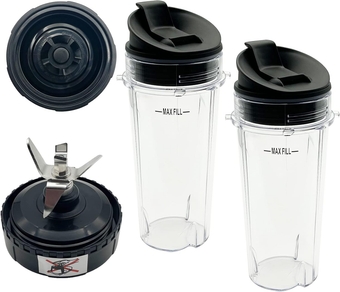 Blender 5-Fins Blade & 2 16oz Single Serve Cups with Lids Replacement Parts for Ninja, Base Extractor Blade for Nutri Ninja Blender 700 Watts QB3000, QB3000SS, QB3000SSW, QB3001SS 30, QB3004, QB3005
