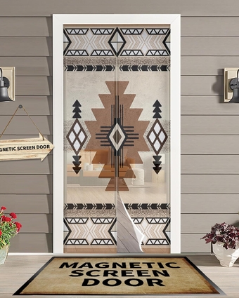 Boho Western Magnetic Screen Door for Sliding/Single/French Doors, Self Sealing Magnets Patio Door Screen Heavy Duty Mesh Curtain, Southwest Native American Indian Geometric