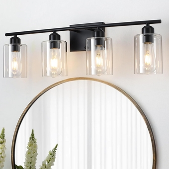 4 Light Black Bathroom Vanity Light Bathroom Lighting Fixtures Over Mirror, Farmhouse Modern Wall Mounted Lamp with Clear Glass Shade for Bedroom, Living Room, Hallway, E26 Base(26.77 Inch)