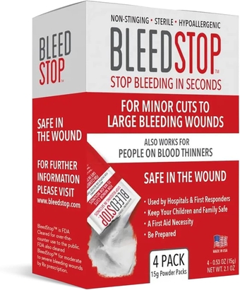 ™ First Aid Powder for Blood Clotting, Trauma Kit, Blood Thinner Patients, Camping Safety, and Survival Equipment for Moderate to Severe Bleeding Wounds or Nosebleeds - 4 (15g) Pouches