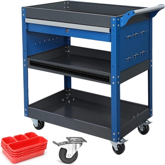 Rolling Tool Cart,440 lb Capacity 3 Tier Tool Cart with Drawers,Heavy Duty Tool Storage Cart on Wheels for Home Garage Warehouse Workshop,with 8 Drawer Organizers,10 Hooks,Blue