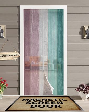 Rustic Wooden Magnetic Screen Door for Sliding/Single/French Doors, Self Sealing Magnets Patio Door Screen Heavy Duty Mesh Curtain, Gradient Purple Teal Green Shabby Chic Grain