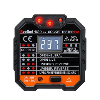 469 Socket Tester Electrical GFCI Receptacle Detector US Plug Tester with LCD Display, AC Voltage Outlet Tester Circuit Breaker Finder Test Polarity Phase Check (469D)