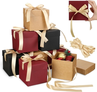 30 Pcs Small Gift Boxes with Lids 4 Inch Squared Christmas Gift Boxes with Gold Ribbon Packaging Red Brown Black Kraft Favor Boxes for Wedding Birthday Proposal Party