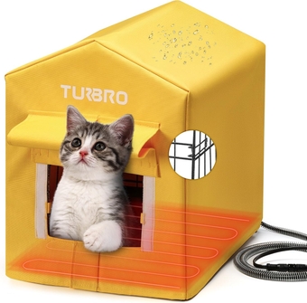 Heated Cat House Outdoor, Insulated and Weatherproof Iron Shelter for Feral and Cats Outside, Heating Pad Bed with 14.7ft Anti-Bite Cord, UL Test Passed, Yellow