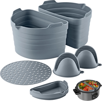 2 in 1 Silicone Slow Cooker Liners, Slow Cookers Liners fit 6-8 QT Crockpots, Reusable & Leakproof Silicone Crock Pots Liner, Crock Pot Liners with Mini Oven Mitts & Silicone Baking Matt