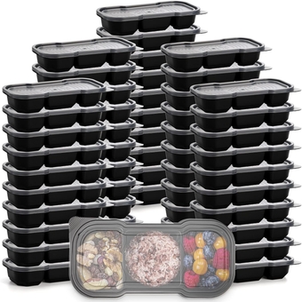 50 Pack 16 Oz Meal Prep Containers with 3 Compartments, Disposable Plastic Bento Boxes Stackable To Go Food Containers Travel Lunch Boxes for Office, School, Picnic, Microwave Safe