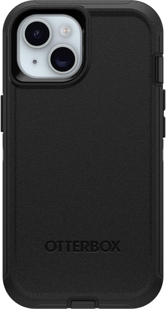 iPhone 15, iPhone 14, and iPhone 13 Defender Series Case - BLACK, screenless, rugged & durable, with port protection, includes holster clip kickstand