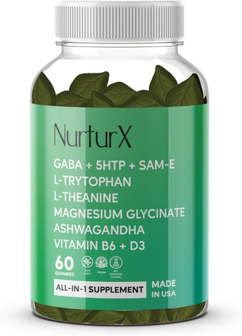 GABA + 5-HTP + SAM-e, L-Tryptophan, L-Theanine, Ashwagandha Gummies, All-in-One Natural Supplement, Made in USA, Vegan, 60 Gummies