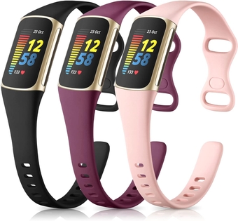 Compatible with Fitbit Charge 5 Bands Women Men, Soft Silicone Breathable Sport Replacement Accessories Slim Strap for Fitbit Charge 5/6 Advanced Fitness Tracker, 3 Pack Black/Pink/Winered