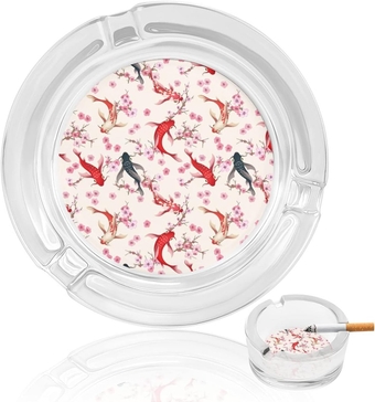 Japanese Koi Fish Cherry Blossoms Glass Ashtrays for Cigarettes Round Reusable Ash Tray Holders for Indoor Outdoor