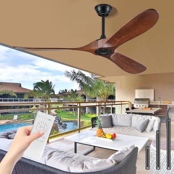 52" Ceiling Fans Without Lights, Solid Wood Ceiling Fan with Remote Control and DC Motor, Ceiling Fan no Light with 3 Blades, Indoor Outdoor Ceiling Fans for Patios, Bedroom- Dark Walnut