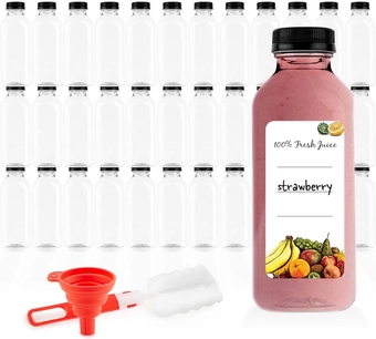 Juice Bottles with Caps for Juicing & Smoothies, Reusable Clear Empty Plastic Bottles with Caps, 16 Ounce Drink Containers for Mini Fridge, Juicer Shots, Small Water Bottles Bulk 16 oz (35 Pack)
